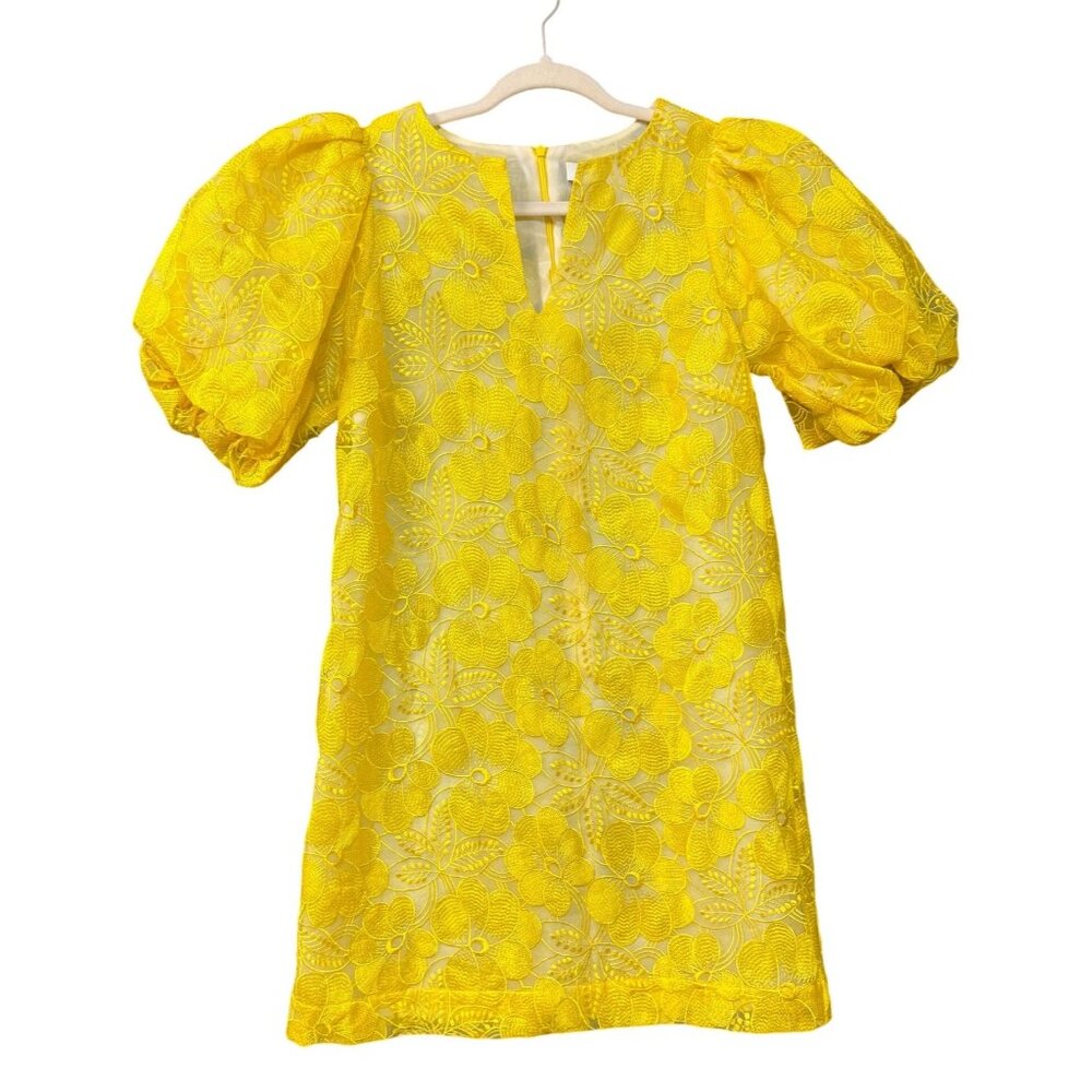 Dea Kudibal Women's Mini Dress Sz XS Yellow Floral Embroidered Sheer Puff Sleeve
